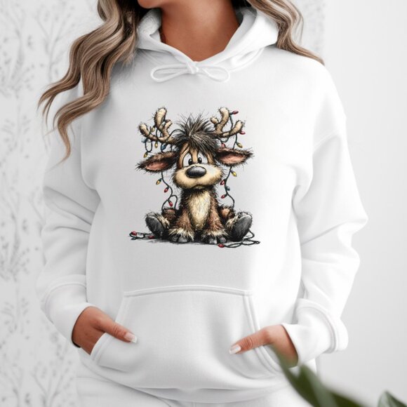 Reindeer Lights Hoodie Funny Holiday Animal Art Festive Winter Sweatshirt White - Picture 3 of 4